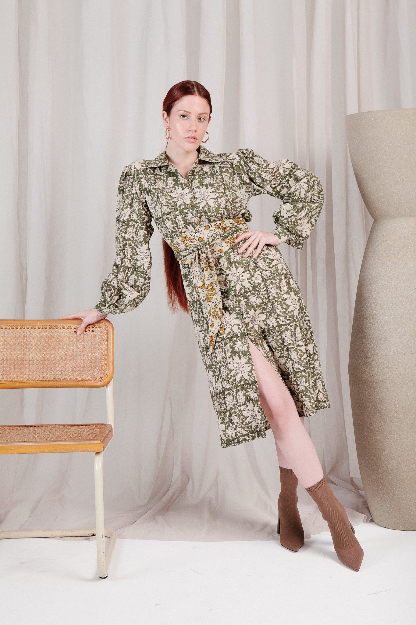 KORA Midi Tie-front Dress in Olive