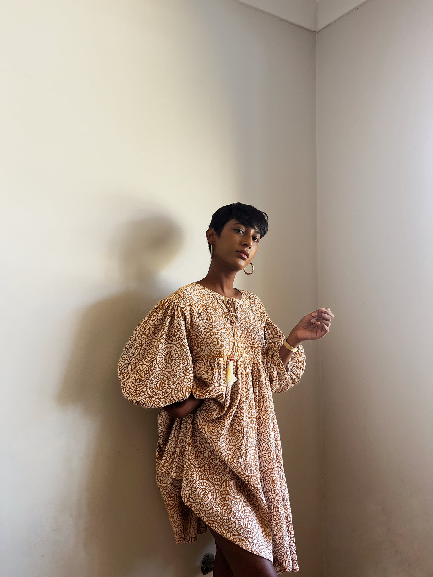 GITA gathered short dress in mustard