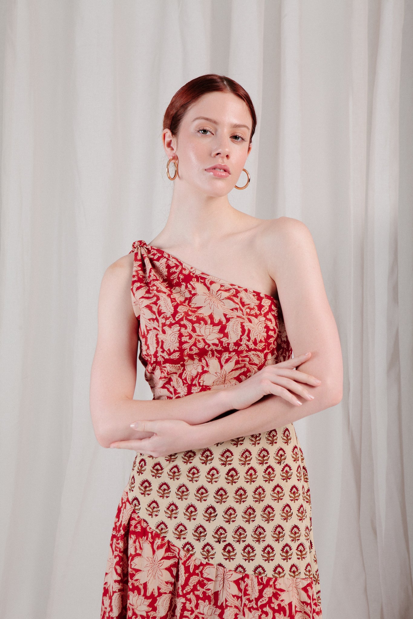 red and white one shoulder dress Gardenia One Shoulder Floral Midi Dress - Red/combo